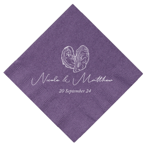 Savor the essence of romance with the Classic Italian Wedding Oyster Napkin. It features an artistically drawn shucked oyster, resembling a heart, symbolizing love and indulgence. Beneath this, the couple’s names in elegant script and the date add a touch of sophistication, perfectly capturing the spirit of a passionate celebration.