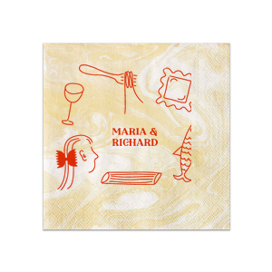 The Pasta Party Hand Drawn Napkin features a playful hand-drawn design of various pasta shapes and ingredients, creating a creative and eye-catching addition to your table setting. It will be the perfect way to add a touch of creative charm to your event.