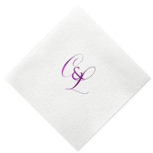 The Elegant Swirl Script Initials Napkin showcases the couple’s Initials in a fancy, swirling script, elegantly intertwined for a sophisticated touch. Stacked artistically and interconnected by a bold ampersand, this design radiates elegance, adding a uniquely graceful accent to any celebration.