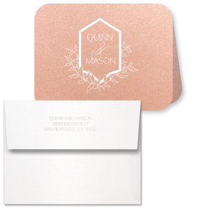 Custom Poptone Peach Classic Note Card with Envelope has Matte White Foil and Shiny Sterling Silver Foil with a Crest Leaf graphic and is good for use in Floral, Wedding themed parties and will impress guests like no other. Make this party unforgettable.