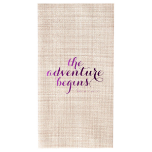 The Elegant Swirl Script Adventure Begins Napkin captures the essence of a new journey with "The Adventure Begins" in an energetic swirling script. This straightforward design, focusing on the excitement of the couple's upcoming life together, makes a striking statement.