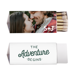 Our custom White Classic Custom Photo Matchbox with Matte White Ink Digital Print Colors and Matte Spruce Ink Digital Print Colors has a The Adventure Begins 2 graphic and is good for use in Words, Wedding, Anniversary themed parties and can't be beat. Showcase your style in every detail of your party's theme!