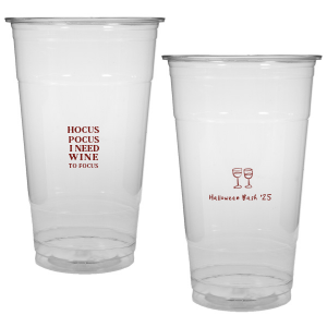 The Hocus Pocus Focus Cup is the ideal custom Halloween party accessory.  Featuring the phrase "hocus pocus I need candy to focus" and a modern and minimal graphic of wine glasses, you can personalize with your name, and the year. This chic Halloween accessory will be a hit at your autumnal events. 