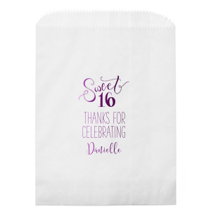 The Sweet 16 Bag exudes youthful joy with its swirling script celebrating the milestone birthday. Flourished 'Sweet' over a bold '16', coupled with a grateful 'Thanks for Celebrating' and the birthday star's name, makes this design a perfect, vibrant token for any Sweet Sixteen bash.