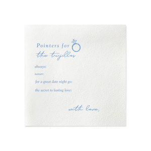 Looking for a creative wedding detail? Get your guests to give you wedding advice on personalized napkins! They can write advice for a date night idea, does, and don'ts. After you can have a memorable collage of all of the wedding advice from your guests!