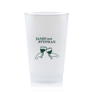 Toast to togetherness with the Cheers to Love Line Art Cup, custom-crafted with the couple's names above a minimalist line drawing of two hands clinking wine glasses. An elegant symbol of celebration for your wedding day.