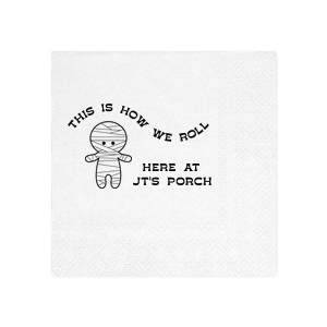 Get ready for Halloween season with the Mummy Halloween Napkin. Featuring a graphic of an adorable mummy below the phrase "this is how we roll," you can personalize with your name or your class name if you are having a school Halloween party. This cute Halloween party accessory is perfect for a kid's halloween party. 