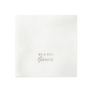 Introduce newlywed style with the Mr & Mrs Block Napkin. Bold block letters joyously announce the union, while the elegantly scripted surname dances below, adding a touch of grace. Perfect for a celebration that unites style and sentiment in every single fold.
