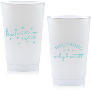 Sip from the stars with the Heaven Sent Baby Shower Cup. "Heaven Sent" and stars dazzle on the front, symbolizing that perfect gift from above. The reverse warmly welcomes the baby's arrival with their name surrounded by stars, making each sip an ethereal celebration of joy!