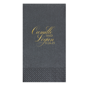 The Artistic Elegant Swirl Script Names Wedding Napkin design combines artistic flair and statement-making elegance. Swirling, fancy script intertwines the couple's names, connected by a bold, all-caps "and." The event date is cleverly integrated, adding a playful touch to this dramatic and captivating design.