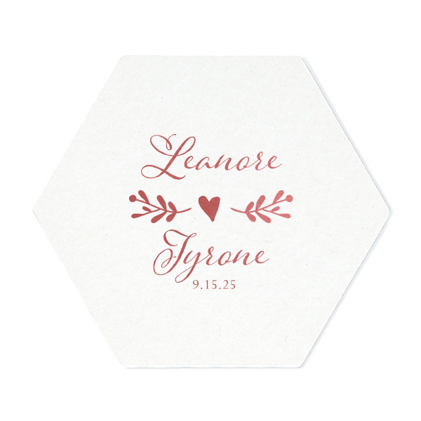 ForYourParty's personalized Eggshell Scallop Coaster with Shiny Rose Quartz Foil has a Twig Flourish graphic and is good for use in Floral and Wedding themed parties and will make your guests swoon. Personalize your party's theme today.