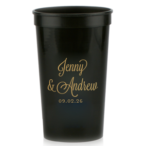 Celebrate in style with the Fancy Flourish Duo Cup where the couple's names dance in a stunning, ornate script brimming with elegant flourishes. This cup, crowned with the event's date, transforms every sip into a cherished memory, perfect for toasting to love and unforgettable moments.