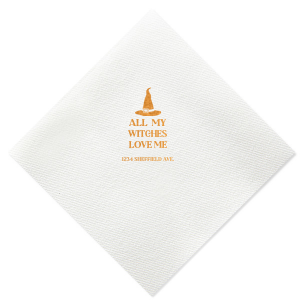 Get ready to cast a spell on your guests with this bewitching Hat All My Witches Love Me Napkin! Featuring a playful design of a witch's hat, these napkins are sure to add a touch of enchantment to your spooky soiree.