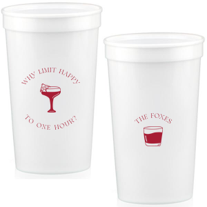 Extend the joy with the Why Limit Happy Hour Cup, perfect for wedding cocktail hours or home entertainment, personalized with your family name. Emblazoned with "Why limit happy to one hour?" and a delightful cocktail graphic, it invites guests to savor every moment.
