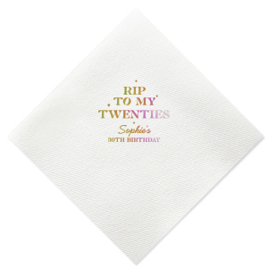 Commemorate a milestone birthday with the New Decade Starburst Napkin, personalized with the honoree's name and the dawn of a new era. Featuring "RIP to my twenties" or your custom age farewell, this napkin is sprinkled with celebratory stars, perfect for commemorating the next fabulous decade.