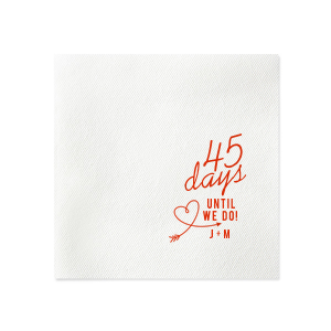 Celebrate the countdown to "I do" with the Days Until We Do Initial Napkin. This design features a bold countdown number, a whimsical arrow-heart, and "UNTIL WE DO!" in vibrant lettering. Completed by the couple's initials joined by a plus sign, it's perfect for pre-wedding festivities and showers.