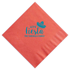 The Let's Fiesta Napkin brims with party spirit! Its lively design, featuring "Fiesta" in a vibrant script accented by a cheerful sombrero, actively invites guests to join the fun. The hosting family's name below adds a personal touch, signaling it's time to celebrate in style.