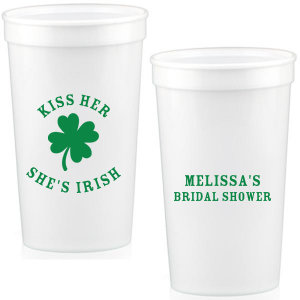 Add a dash of good luck to your event with the Kiss Me I'm Irish Cup! Featuring a dour leaf clover on one side and space to personalize with your name and the event you're celebrating on the other side, this custom cup is perfect for a bridal shower or entertaining at home. 
