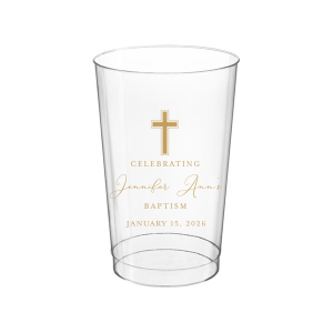 Our personalized party cup is the perfect addition to any Baptism or Christian celebration, combining practicality with heartfelt sentiment. Crafted from durable plastic, each cup features a beautiful cross graphic, symbolizing faith and tradition. With space to add the name of the honored individual and the special date, these cups are a wonderful keepsake for guests to remember the sacred occasion.