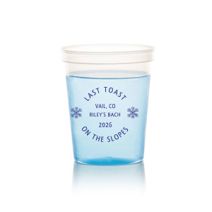 Celebrate good times with the Last Toast on the Slopes Stadium Cup. The durable and trendy cup comes in a variety of colors with customizable text to help express your unique taste. Perfect for winter bachelor &bachelorettes parties, holiday events or other festive function.