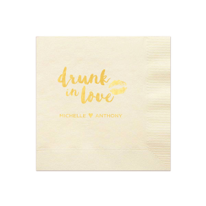 Set hearts aflutter with the Drunk in Love Smooch Napkin, where a whimsical 'drunk in love' meets a playful lipstick kiss. Below, the couple's names unite with a heart, capturing the heady bliss of romance at your celebration.