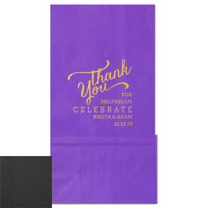 Express heartfelt gratitude with the Thank You For Bag adorned with a graceful, flourished 'Thank You' above the couple's details in a modern block script. Ideal for parting gifts, this bag embodies appreciation, making every farewell memorable.