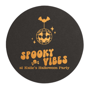 Custom Halloween decor will take your event up a notch! Celebrate the season with the Spooky Vibes Coaster. You can personalize with your name below a modern pumpkin disco design. 