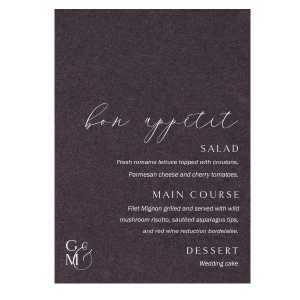 ForYourParty's chic Natural NEW Amethyst Folded Menu with Matte White Foil will impress guests like no other. Make this party unforgettable.