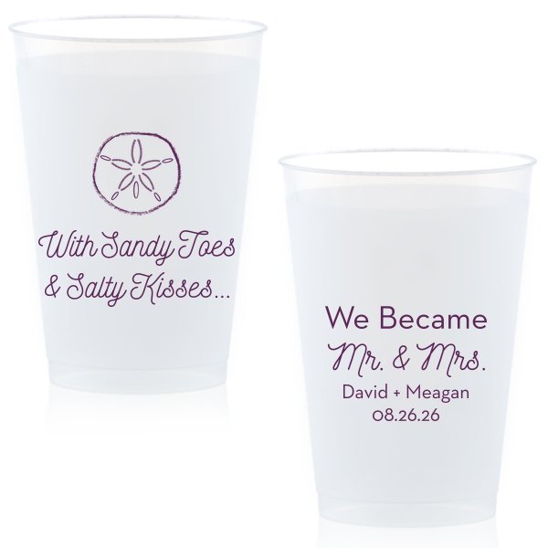 Bring your wedding party to the beach! With our Sand Dollar graphic, cute saying and script font, these blue napkins will. Customize with your names for festive wedding barware that can double as personalized party favors. 