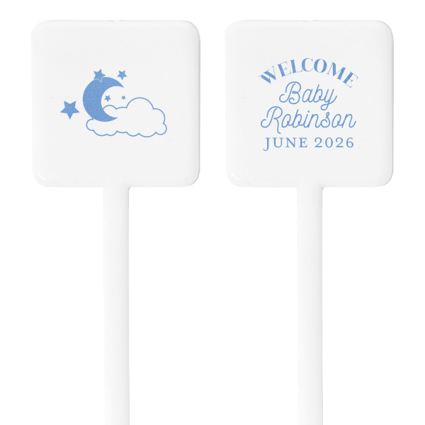 The Sweet Dreams Baby Shower Stir Stick is the ideal keepsake for a baby shower, featuring a serene graphic of the moon, clouds, and stars on one side, symbolizing the peaceful and hopeful anticipation of a newborn. The reverse side allows for customization with your baby's name and their expected arrival date, elegantly written in a harmonious blend of flowing script and timeless serif font. This thoughtful stirrer is a lovely way to celebrate the upcoming addition to your family and is perfect for baby shower decor or as a cherished memento for guests.
