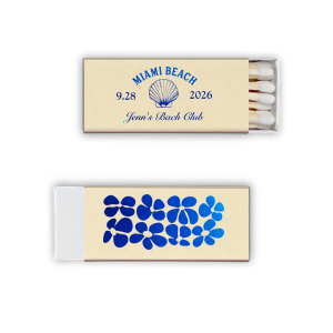Ignite the fun at your seaside soiree with the Bachelorette Beach Party Seashell Match, personalized with the bachelorette's name in classic script, the party location, and date. Adorned with an elegant shell graphic, it's a perfect memento for "The Last Splash."