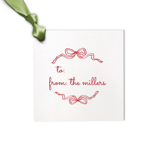 The beautiful Holiday Bow Tag makes a wonderful addition to any gift this holiday season. The simple and classic bow design is wrapped around custom text, making for memorable gift tags that add further personalization to your holiday presents. 
