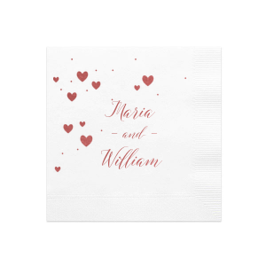 Let romance take flight with the Floating Hearts Couple Names Napkin. Hearts dance around the couple’s beautifully scripted names, creating a whimsical celebration that truly says, “love is in the air.” Perfect for making your special day overflow with heartfelt charm and joy.