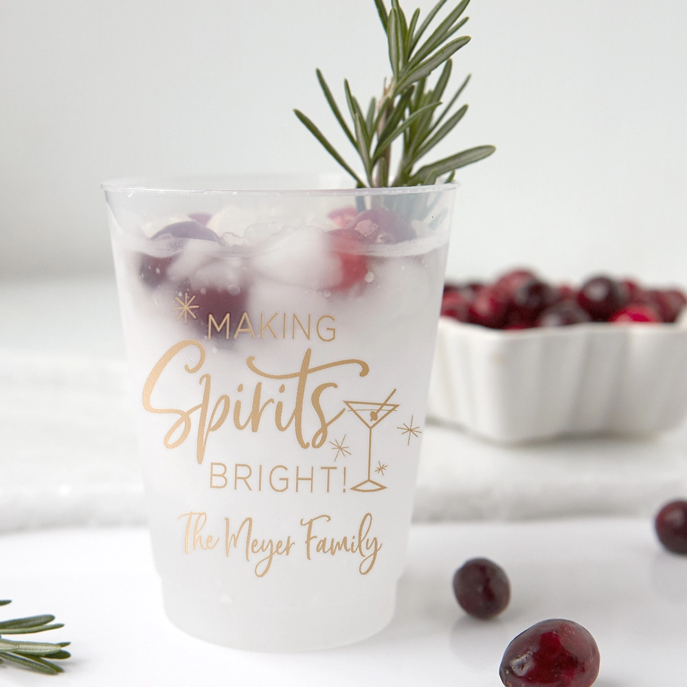 custom frosted plastic cups are perfect for Christmas cocktails