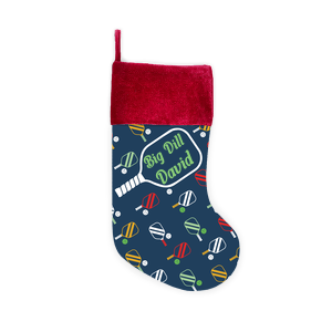 Award the pickleball champion in your life with their own personalized pickle ball stocking.  Available with a red, green or gray cuff, this stocking is adorned with a preppy pattern of rackets and balls.  Add your own text to the large paddle and make this stocking a truly customized holiday keepsake.