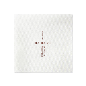 Celebrate your union with the Central Date Flair Napkin, where the wedding date takes center stage, boldly inscribed between the ascending couple's names and location details. A striking layout for an unforgettable matrimonial event.