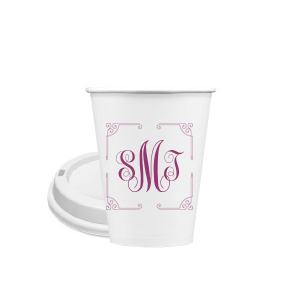 Our personalized 8 oz Paper Coffee Cup with Lid with Matte Dark Magenta Ink  has a Rococo Frame graphic and is good for use in Anniversary, Wedding, and Birthday themed parties and will add that special attention to detail that cannot be overlooked.