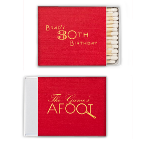 The ever-popular Linen Convertible Red Euro Matchbox with Shiny 18 Kt Gold Foil has a Magnifying Glass graphic and is good for use in Trendy, Symbols, Adventure themed parties and will impress guests like no other. Make this party unforgettable.