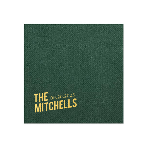 This minimal napkin is perfect for a wedding or entertaining at home. Include your family event and date.