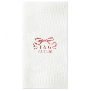 Tie together the elegance of your wedding with the Nuptial Bow Initials Napkin, featuring the couple's initials and event date in a refined serif script. Adorned with a romantic bow graphic, it's a trendy and sophisticated touch for your special day.