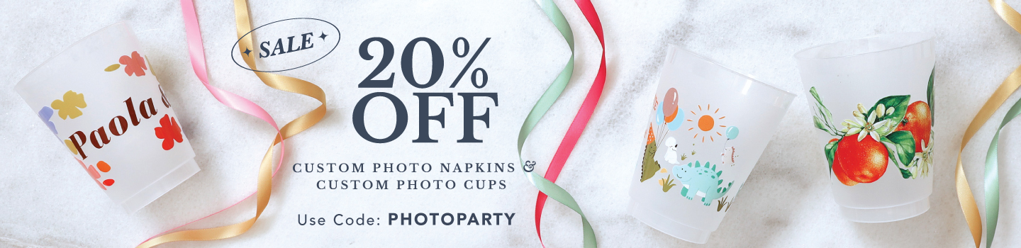 save 20% off custom photo napkins and custom photo cups with code photoparty