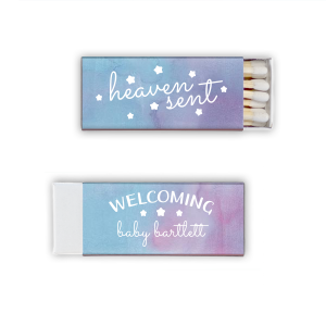 Unleash a spark of celestial charm with the Heaven Sent Baby Shower Matchbox. "Heaven Sent" and stars adorn the front, embodying that perfectly timed gift from above. Flip it for a warm “Welcoming” the baby's arrival, with the little one's name surrounded by stars. Perfect for adding an ethereal memory to your celebration!