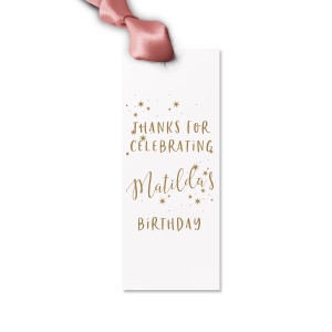 Celebrate your upcoming event with this letterpress gift tag. The sparkle motif will add razzle dazzle to your gift bag or candy bag. Personalize this gift tag with your name and the event you are celebrating!