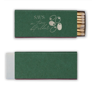 Celebrate another year with the A Tini Bit Older Birthday Matchbook. Featuring customizable text in your choice of foil stamp and paper colors, the cheeky matchbook makes for a perfect memento and keepsake.