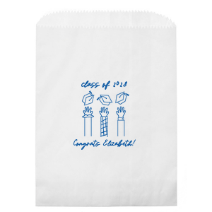 Celebrate scholarly success with the Tossed Graduation Caps Bag, customized with the graduate's name and the commemorative year, adorned with a modern line-drawn graphic of jubilant arms tossing their caps skyward. A stylish graduation bag for any graduation celebration.