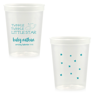 Customize this clear plastic cup for an adorable drink accessory to your star and moon, lullaby, or nursery rhyme themed baby shower! Add the baby's name and expected arrival for a unique touch the mother will love and guests can take home as personalized party favors. 