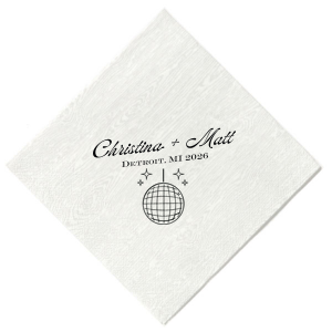 Dance the night away with the Disco Sparkle Wedding Napkin, personalized with the couple's names, year, and wedding location, all set against a backdrop of a dazzling disco ball and sparkles. An unforgettable accent for your celebratory soiree.