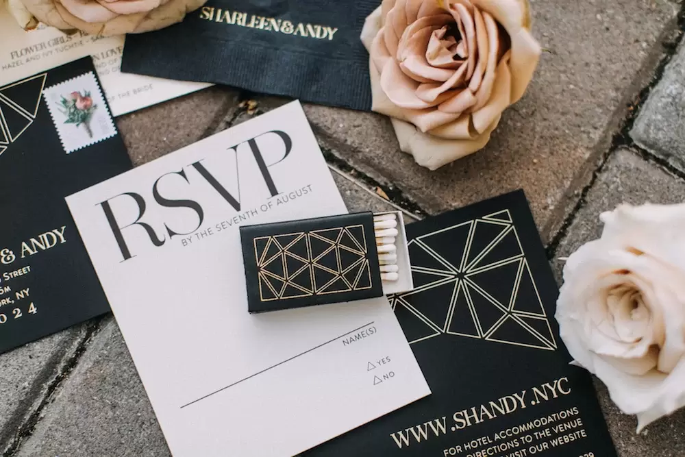 modern black tie wedding with personalized matches and personalized cocktail napkins