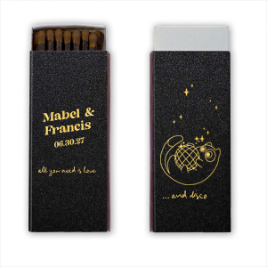 Light up the dance floor with the Disco Cat Wedding Matchbook, personalized with the couple's names in a contemporary take on retro script. The other side shines with the wedding date beneath a whimsical graphic of a cat clutching a disco ball, flanked by twinkling sparkles—an unforgettable favor for your groovy celebration.