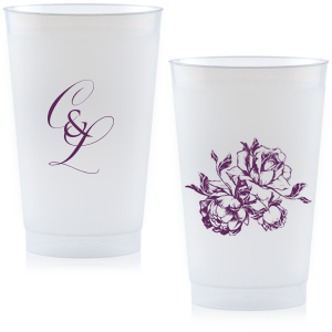 ForYourParty's elegant 9 oz Frost Flex Cup with Matte Eggplant Ink Cup Ink Colors has a Romantic Rose Bunch graphic and is good for use in Floral, Wedding, and Anniversary themed parties and will impress guests like no other. Make this party unforgettable.